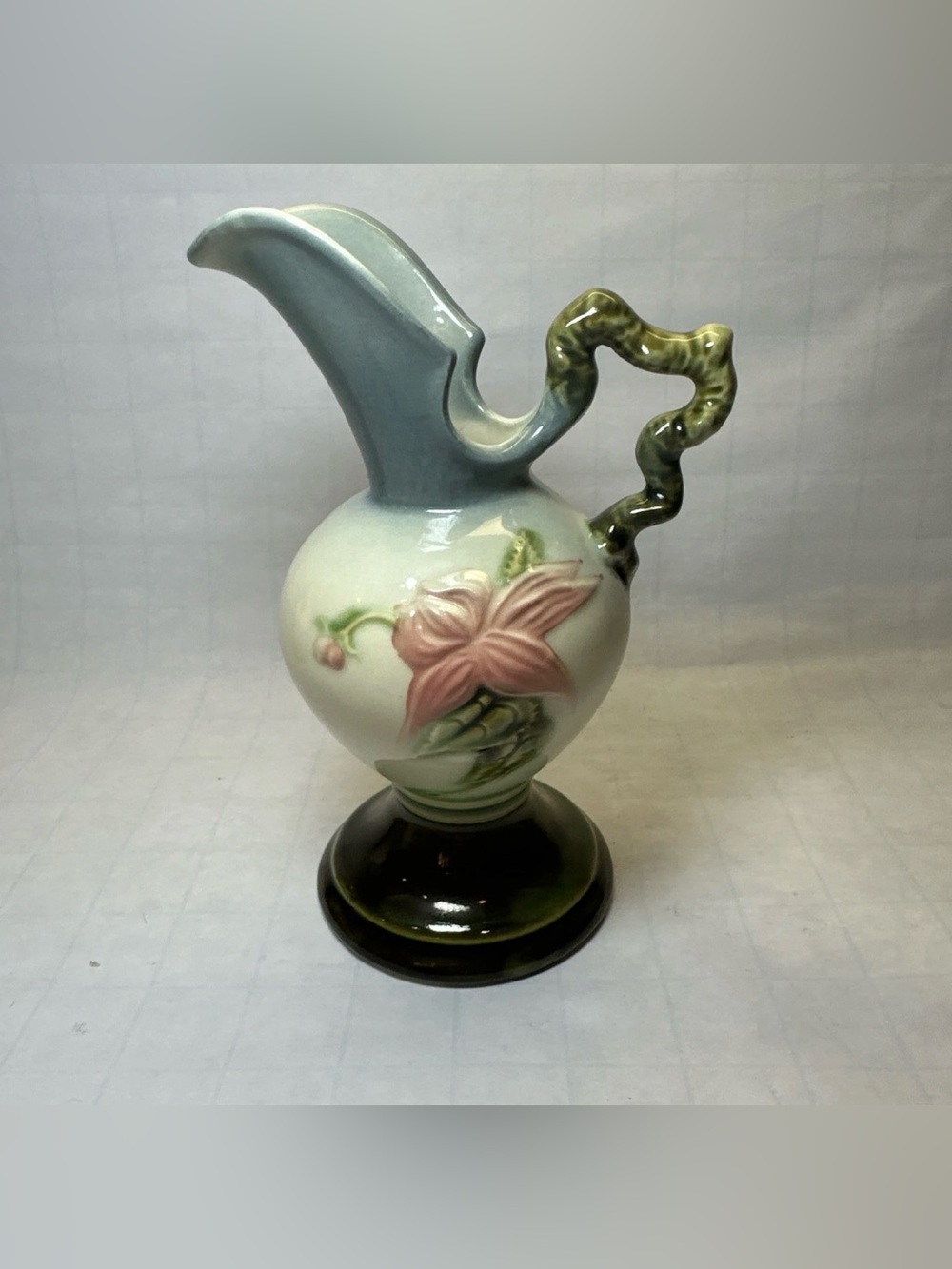 Hull Pottery Woodland 6.5" Ewer Pitcher Vase Green Blue Pink Floral Handled USA